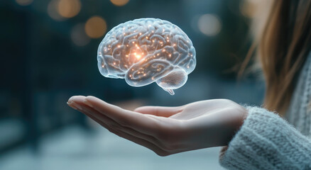 Wall Mural - 3D hologram of a brain floating in front, a woman's hand holding it, against a white background, with a depth effect