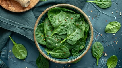 Sticker - Fresh Spinach Leaves in a Bowl, Healthy Green Food Background, Top View with Copy Space.