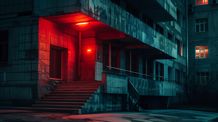 A moody urban scene at night with a red-lit entrance to a building, featuring stairs and a cold, eerie atmosphere under industrial architecture