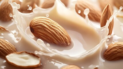 Wall Mural - Whole almonds splashing into milk, Generative AI