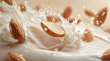 Wall Mural - Whole almonds splashing into milk, Generative AI