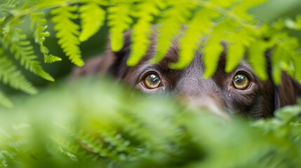 Wall Mural -  A dog's face, eyes widened, emerges from behind a green leafy plant in a tight shot