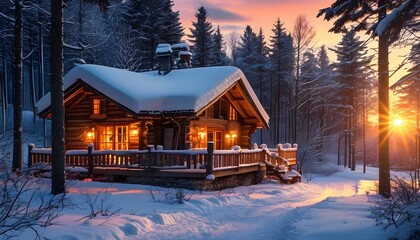 Wall Mural - Warmly lit cozy cabin nestled in a snowy forest at sunset, surrounded by a serene winter landscape