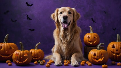 A dog is laying on a purple background with many pumpkins and bats