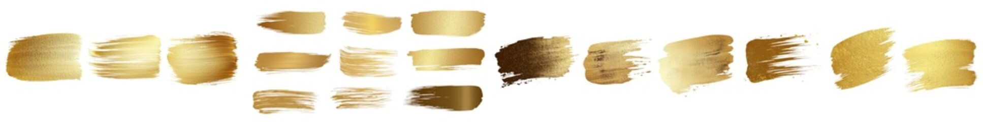 Leinwandbilder - A set of modern sparkle golden mascara brush strokes. Luxury decor of gold shiny foil. A grungy metal paint texture for greeting card design. Glitter patterns isolated from a white background.