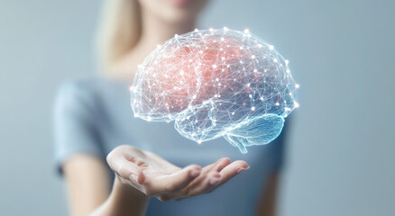 Wall Mural - 3D hologram of a brain floating in front, a woman's hand holding it, against a white background, with a depth effect