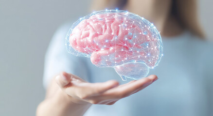 Wall Mural - 3D hologram of a brain floating in front, a woman's hand holding it, against a white background, with a depth effect