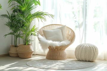 Wall Mural - Cozy Living Room with Wicker Chair and Plants