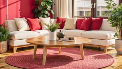 Wall Mural - Round wood coffee table against white sofa. Scandinavian home interior design of modern living room.
