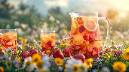 Wall Mural - A picnic table set with a pitcher of strawberry lemonade, surrounded by glasses of the refreshing drink, each garnished with lemon slices and fresh strawberries