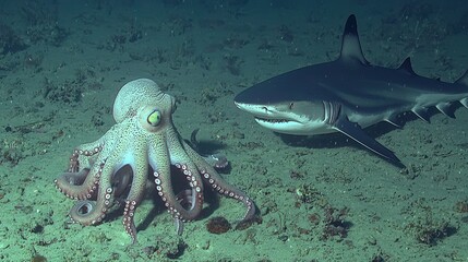 Poster - Octopus and Shark Underwater Encounter