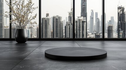 Wall Mural - Black Podium with City View in Minimalist Interior