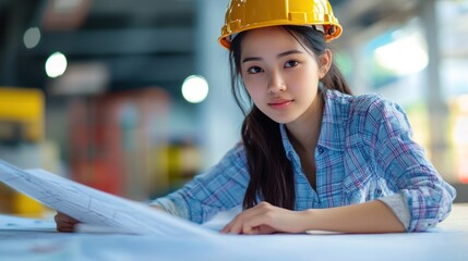 Female architect works on her project with full dedication