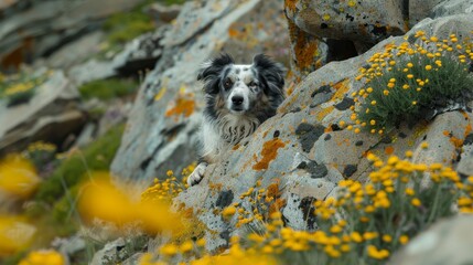 Wall Mural -  A black-and-white dog sits atop a rocky hillside, surrounded by yellow wildflowers and scattered rocks