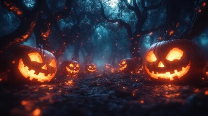 enchanting halloween scene with glowing jackolanterns floating in a misty forest eerie moonlight twisted trees and shimmering magical particles in the air