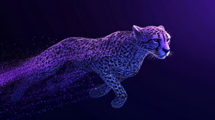 High speed concept. Cheetah in motion in the form of a starry sky or space, consisting of point, line, and shape in the form of planets, stars and the universe. Vector wireframe concept. Blue purple.