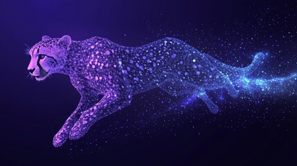 Wall Mural - high speed concept. cheetah in motion in the form of a starry sky or space, consisting of point, lin