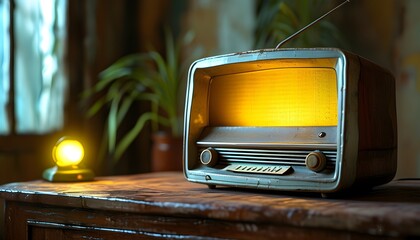 vintage radio illuminated by warm yellow light on a wooden table