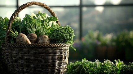 Wall Mural - Fresh Greens in Wicker Basket  Garden Harvest  Produce  Food Photography