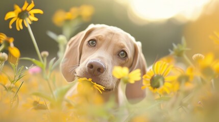  A tight shot of a dog in a floral field, sun bathes its face