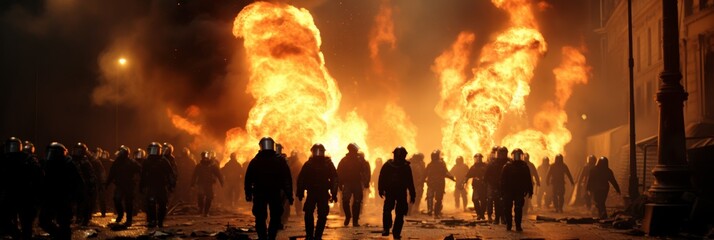 Police officers managing civil unrest as flames rage in the background during riot control efforts