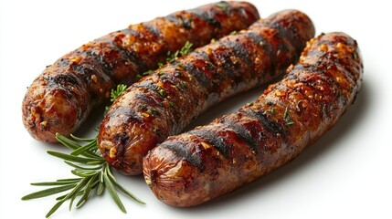 Wall Mural - Three grilled sausages with rosemary sprigs on a white background.