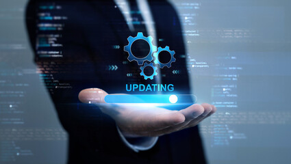 Fototapete - Developer who developed a new version to improve your software.Operating upgrade system.
Process of updating software to technology.Update modern functions for modern equipment.