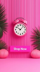 Canvas Print - Pink Alarm Clock and Palm Leaves on a Pink Background with Shop Now Button.