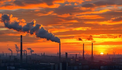 Wall Mural - Stunning sunset illuminating an industrial cityscape with smokestacks against an orange sky, capturing the stark reality of urban pollution