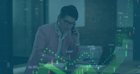 Poster - Analyzing financial data and talking on phone, businessperson over stock market animation