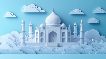 2. A highly detailed 3D paper cut depiction of the Taj Mahal in India, with layered white marble domes and ornate details, set against a solid sky backdrop