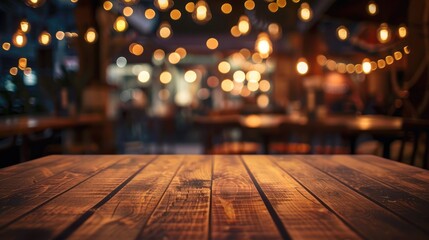 Poster - Wooden table with blurred restaurant lights in the background