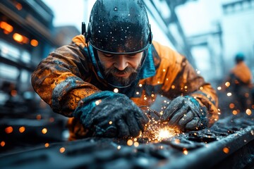 An industrial worker, clad in protective gear, intensely focuses while sparking a weld, creating a scene filled with vibrant sparks and emphasizing hard work and dedication.