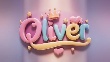 Typography Olivier  Name with crown and stars kids style
 featuring a captivating, rounded font in a delightful blend of pastel pink, blue, and yellow colors Generative AI