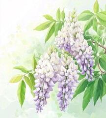 Wall Mural - The watercolor painting of abstract flowers features yellow wisteria flowers on a soft yellow and blue background.