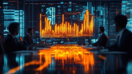 Poster - Executive boardroom meeting with digital stock graphs. Corporate executives gathered around a table discussing large, glowing stock graphs projected on a futuristic digital screen in the background.