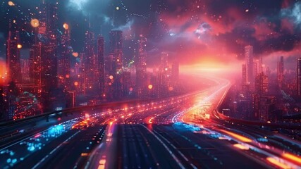 Poster - Futuristic road made of digital circuits is leading to a city skyline at sunset, creating a powerful visual metaphor for finance, technology, and the future