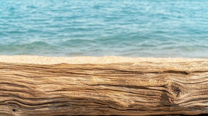 Poster - Driftwood Texture on Sandy Beach with Ocean Background