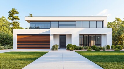 Modern house exterior with large windows, sleek design, and well-manicured lawn in a tranquil suburban setting.