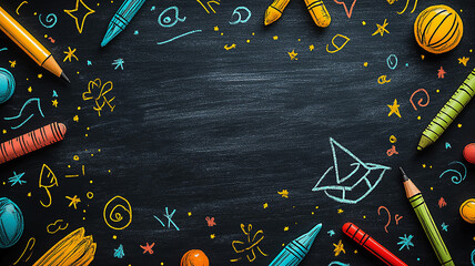 Flat vector background featuring a chalkboard backdrop, motivational text, and bright doodles of rulers, crayons, and a graduation cap, for Teacher Appreciation Day.