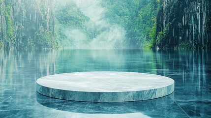 Poster - Marble Pedestal Product Display with Water Reflection and Foggy Forest Background