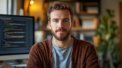 Poster - a man sitting in front of a computer monitor with a beard and a sweater on