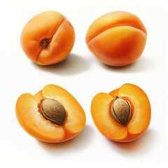 complete and cut apricot, against a solid, stark white background, with focused lighting