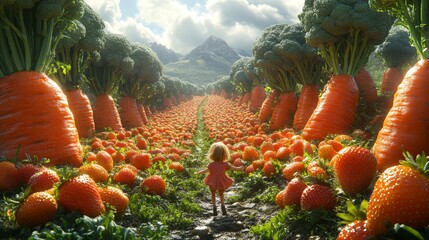 A child running through a field of giant carrots and broccoli trees, laughing as they are surrounded by floating strawberries. Hyper-realistic, high detail, photorealistic, surrealistic concept art,