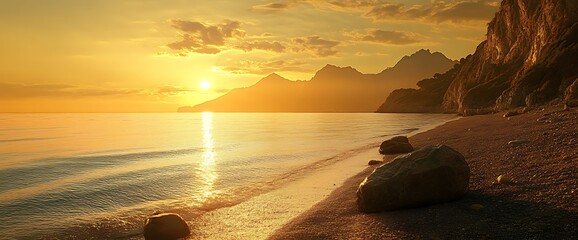 Wall Mural - Golden sunset over a tranquil beach with rocky cliffs.