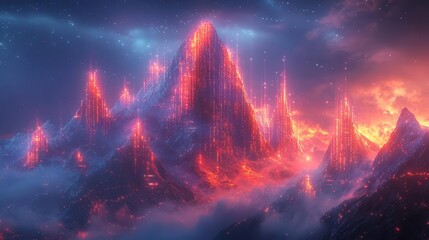 futuristic digital landscape with towering data mountains glowing circuits and resilient networks withstanding cyber storms symbolizing it system strength