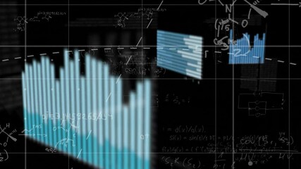 Poster - Bar chart animation over mathematical equations and chemical formulas on black background