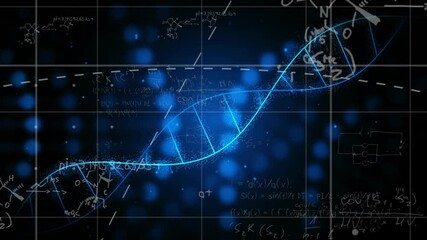 Poster - Mathematical equations and graphs over blue DNA strand animation