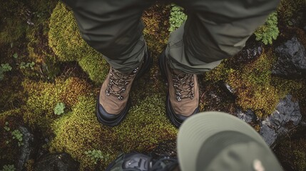 Top view of a men's outdoor hiking outfit with a windbreaker, cargo pants, hiking boots, and a cap, focus on the boots.