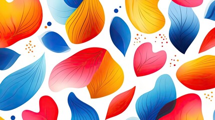 Vibrant and colorful leaves in red, blue, and yellow create a lively pattern on a clean white background.